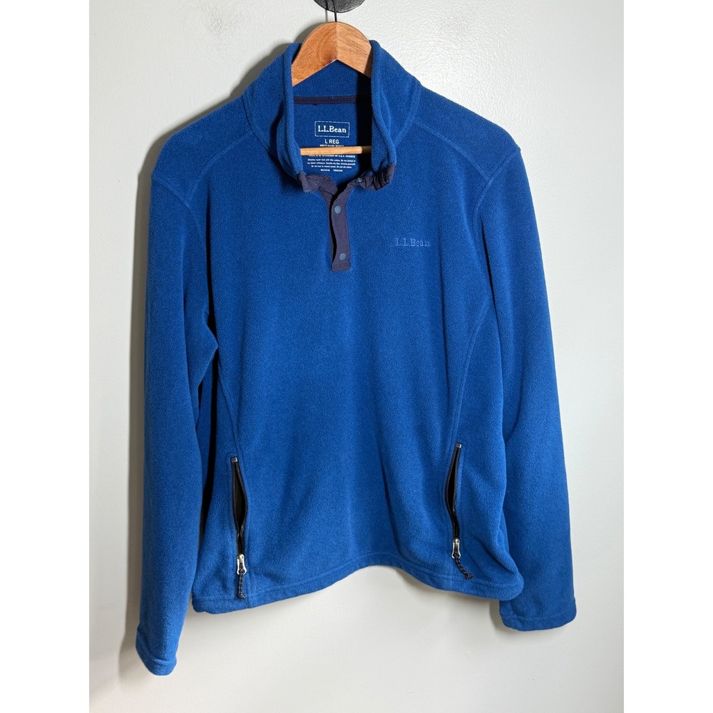 LL Bean Mens Mountain Classic Fleece Pullover Blue Snap Neck Jacket 284632 L REG